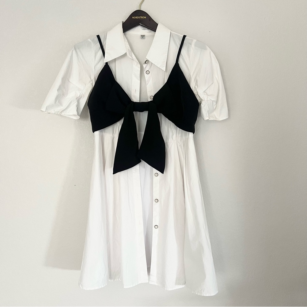 White Shirt Dress with Black Bow Bralette Overlay Y2K Mini